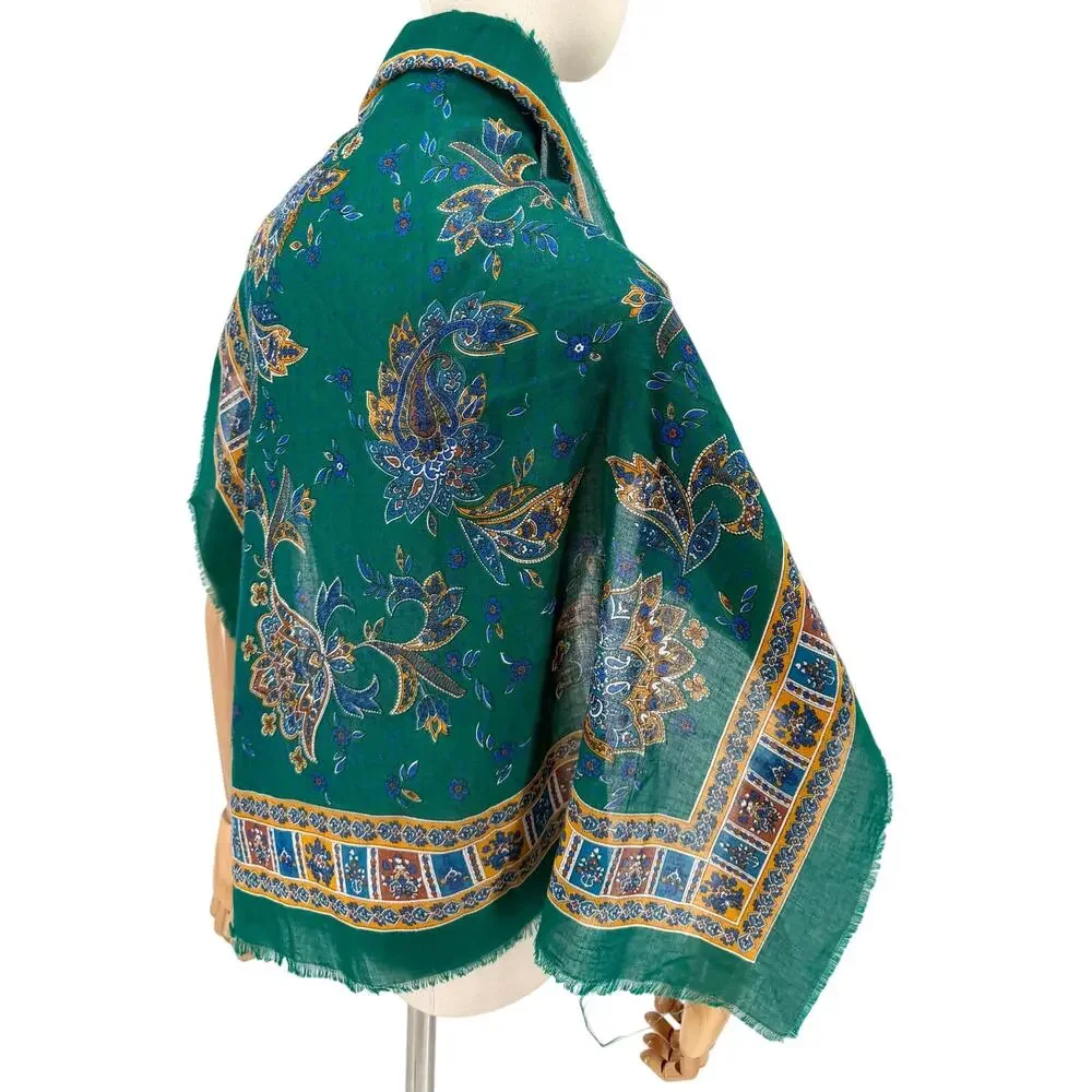 Vintage 80s Green Wool Paisley Floral Fringe Scarf